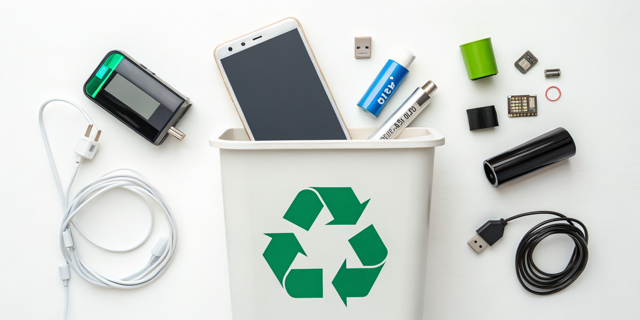 A clean, modern flat lay composition showing an old smartphone being placed into a recycling bin surrounded by other