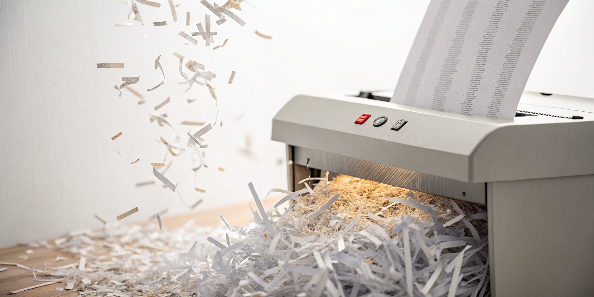 A professional close-up photograph of shredded paper and documents falling through a industrial paper shredder, captured